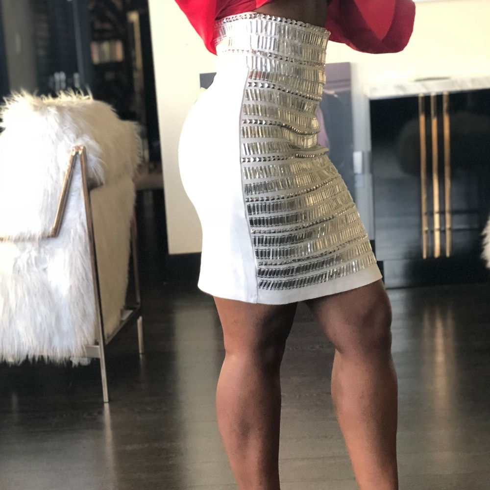 Silver High Waist Embellished Bodycon Skirt